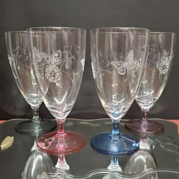4 Lenox Butterfly Meadow Etched Crystal Glasses - Picture 1 of 13